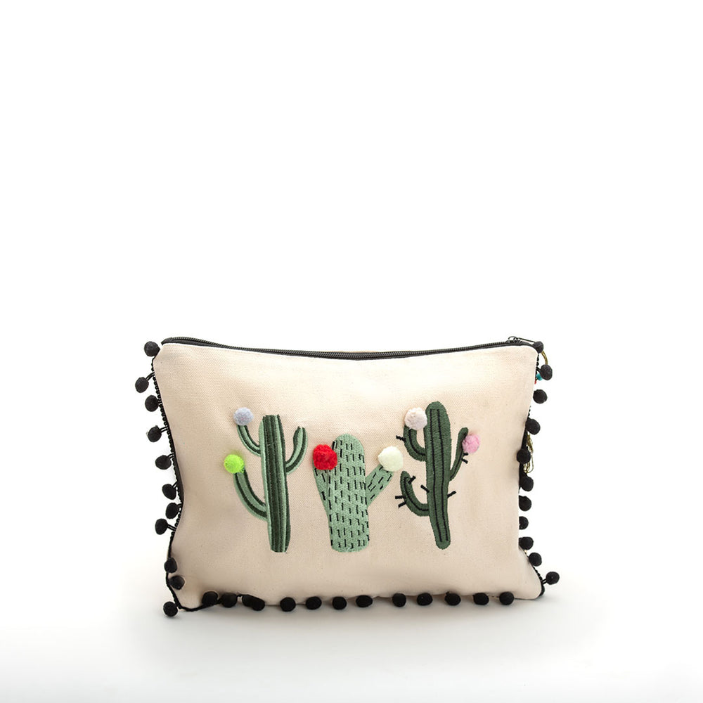 Viva Eco-friendly Canvas Pouch / Embroidered with the cactus with pompoms design & waterproof on the inside