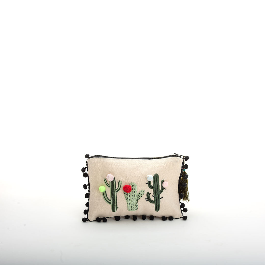 Viva Eco-friendly Canvas Pouch / Embroidered with the cactus with pompoms design & waterproof on the inside