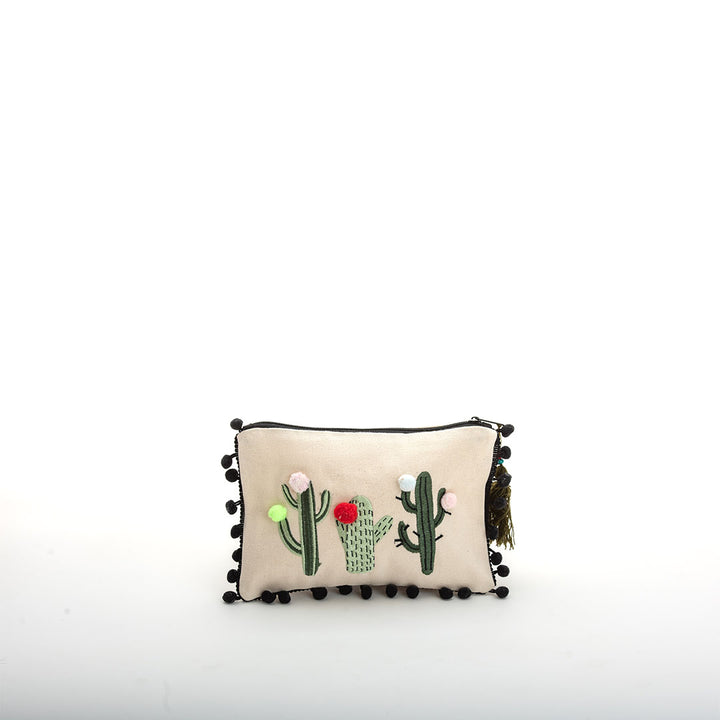 Viva Eco-friendly Canvas Pouch / Embroidered with the cactus with pompoms design & waterproof on the inside