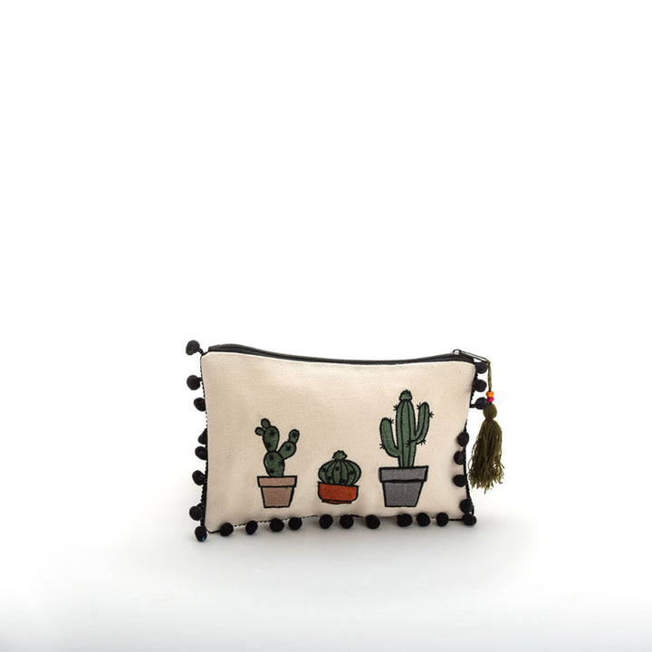 Viva Eco-friendly Canvas Pouch / Embroidered with the cactus design & waterproof on the inside