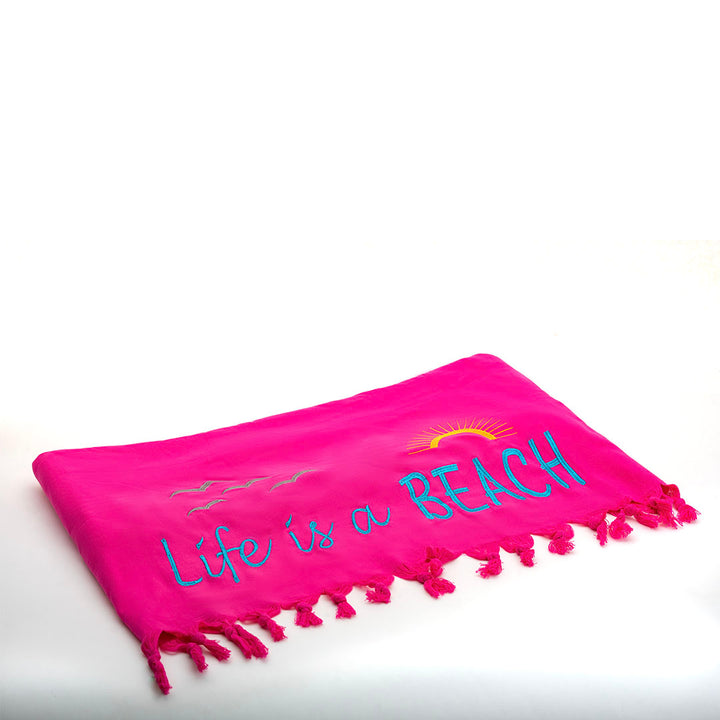 Rio Turkish Beach Towel - 100% Organic Cotton / Embroidered with "Life is a Beach"