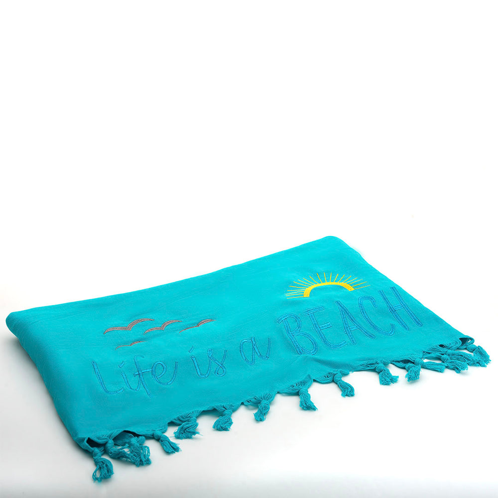 Rio Turkish Beach Towel - 100% Organic Cotton / Embroidered with "Life is a Beach"