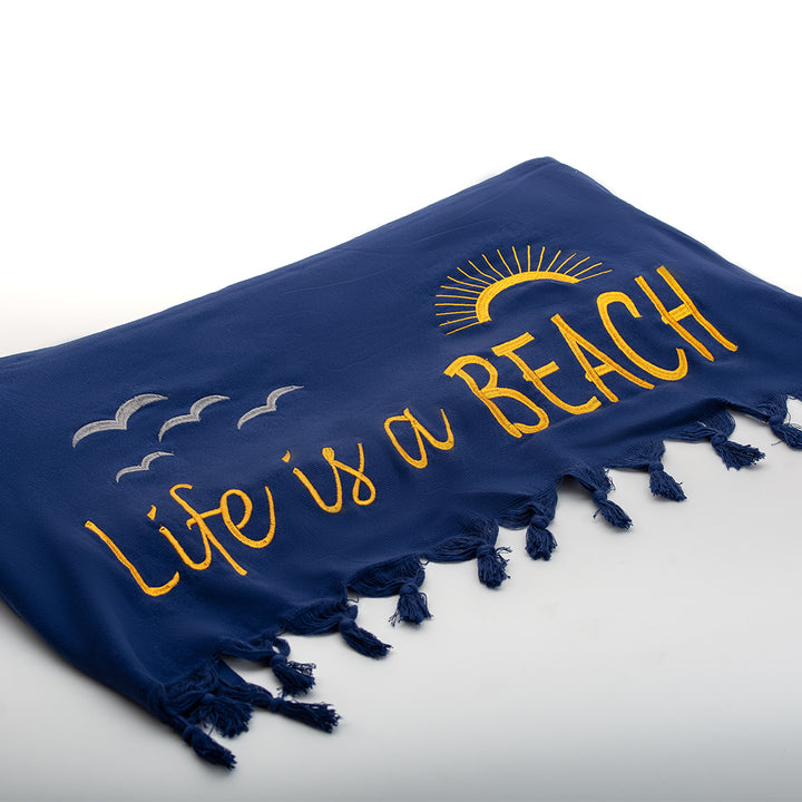 Rio Turkish Beach Towel - 100% Organic Cotton / Embroidered with "Life is a Beach"