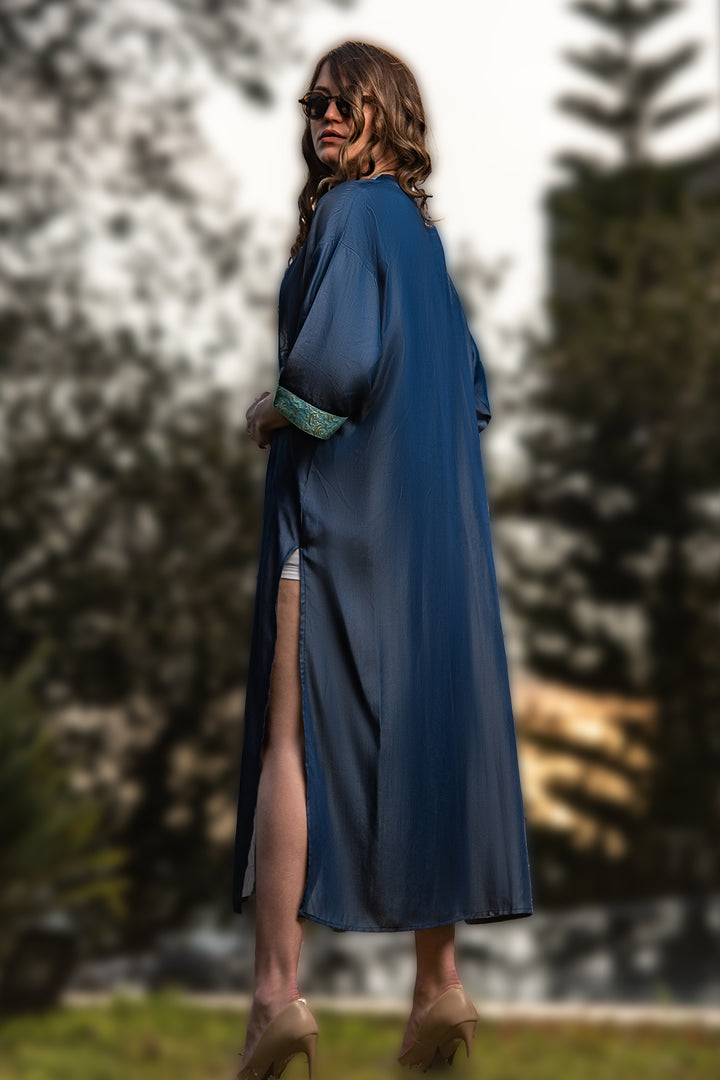 Sapphire Dream Kaftan / Adorned with aqua and golden Arabic calligraphy