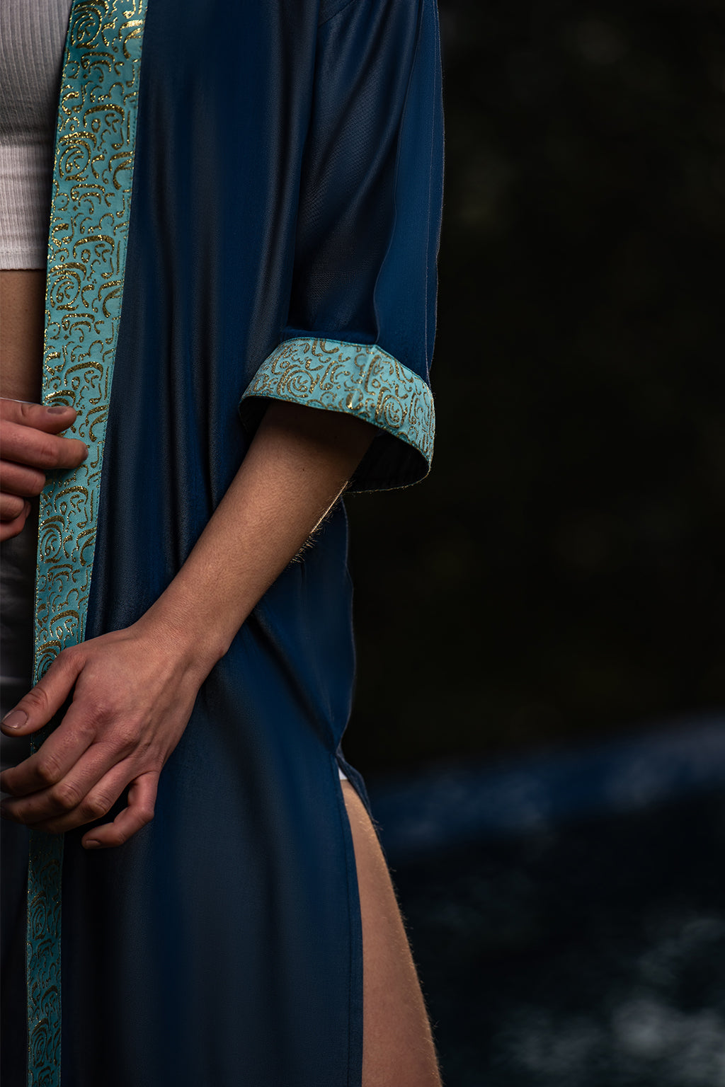 Sapphire Dream Kaftan / Adorned with aqua and golden Arabic calligraphy