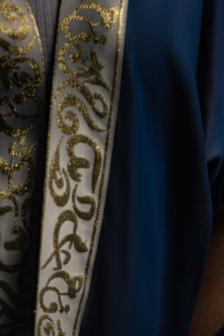 Sapphire Dream Kaftan / Adorned with white and golden Arabic calligraphy