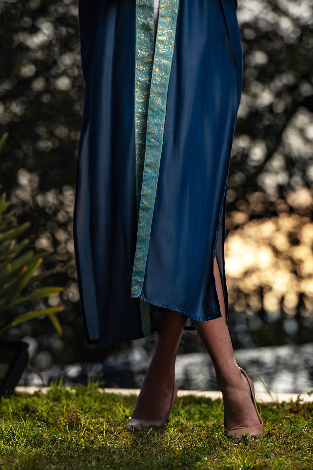 Sapphire Dream Kaftan / Adorned with aqua and golden Arabic calligraphy