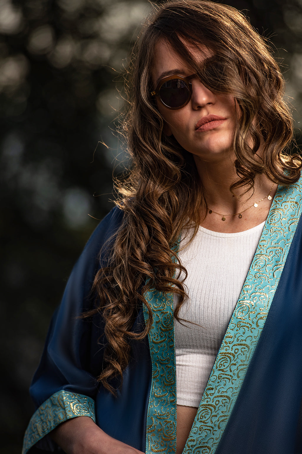 Sapphire Dream Kaftan / Adorned with aqua and golden Arabic calligraphy