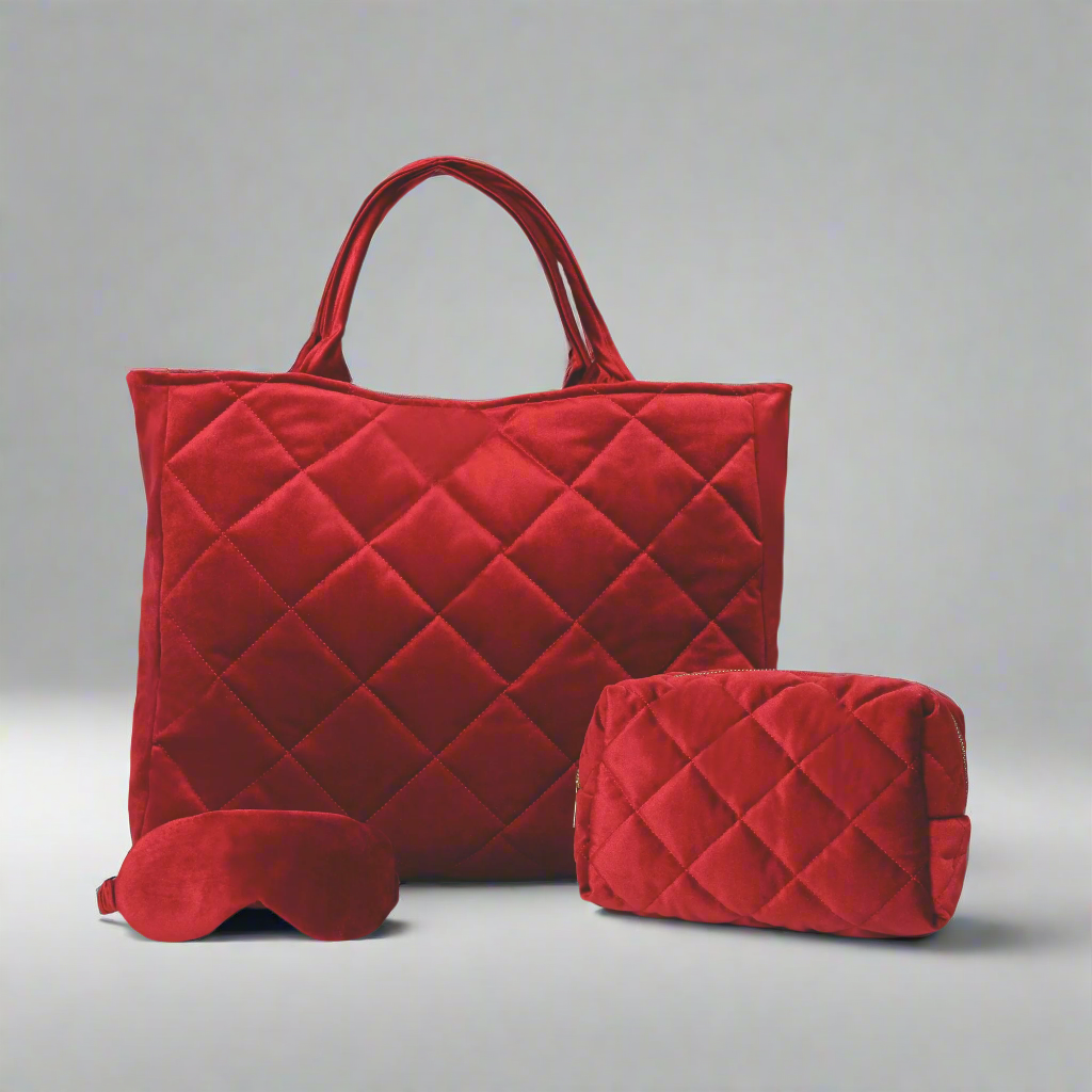 Velvet Set - Matching Tote Bag, Pouch and Eye Mask Cover. Waterproof lining with a Diamond Pattern