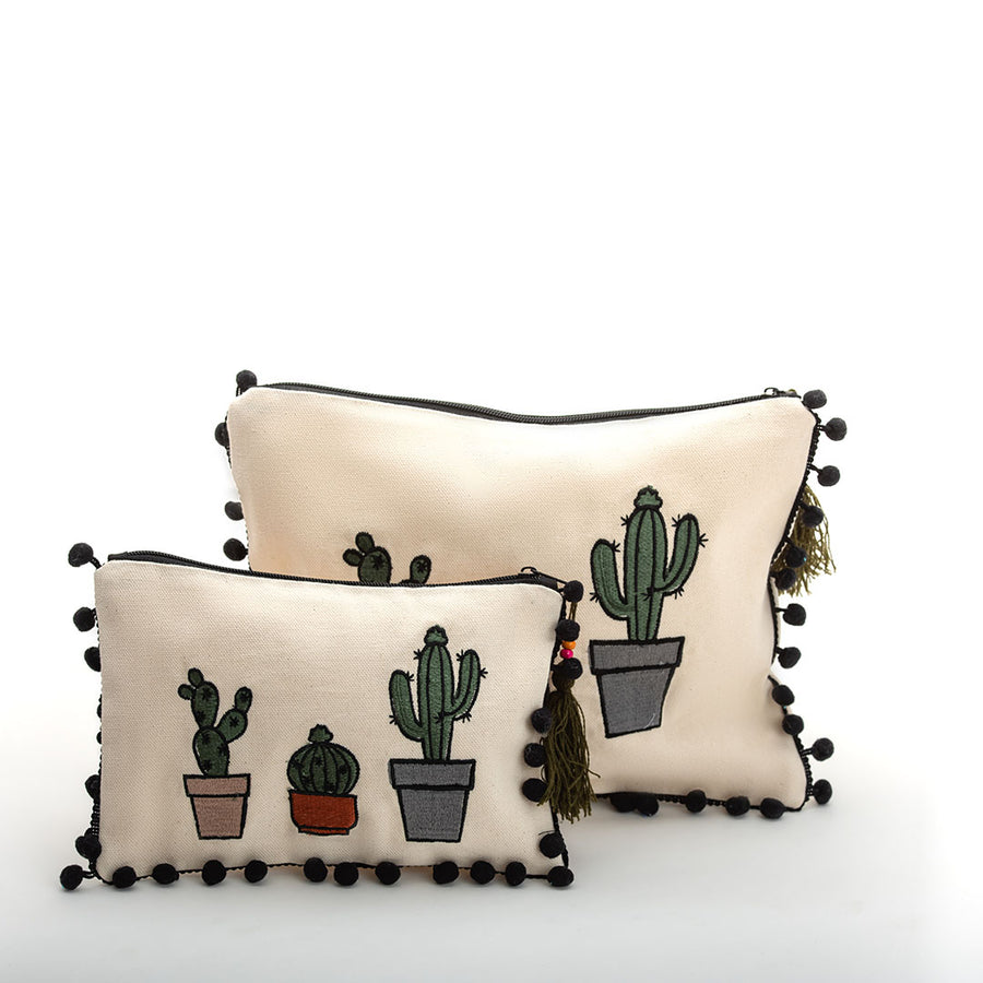Viva Eco-friendly Canvas Pouch / Embroidered with the cactus design & waterproof on the inside