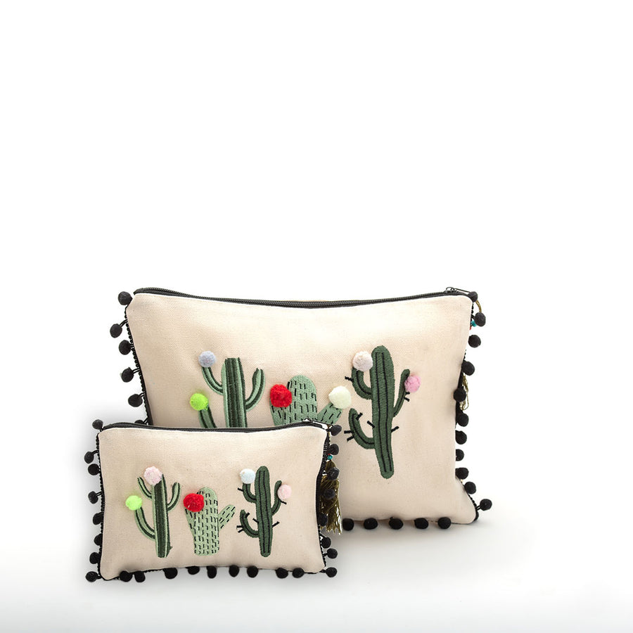 Viva Eco-friendly Canvas Pouch / Embroidered with the cactus with pompoms design & waterproof on the inside