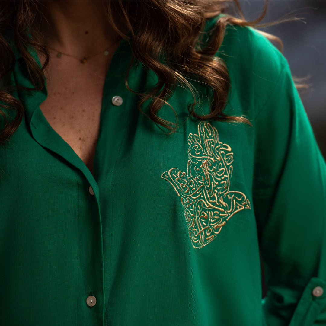 Bella Green Linen Shirt Dress / Embroidered with the Hamsa hand design